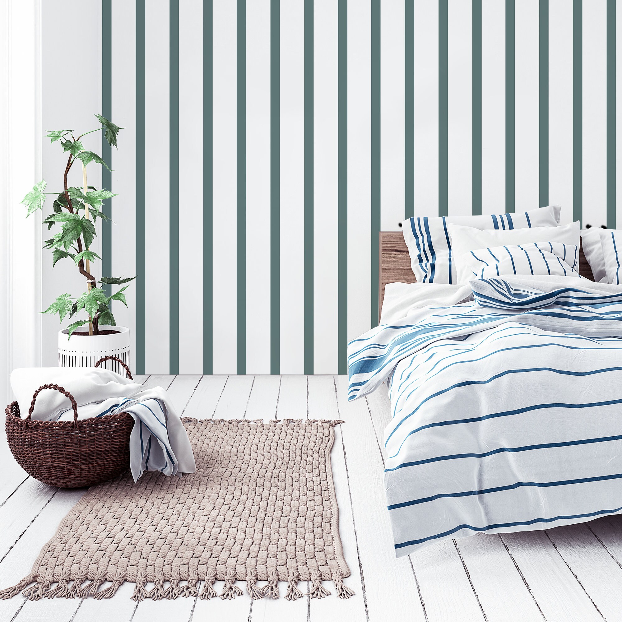 Graygreen Striped Wallpaper, Green Linear Geometric Self Adhesive Wall Mural, Vertical Lines