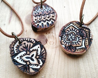 Smokey Lace Mandala PENDANT +++ woodburning, pyrography, folk art, bohemian, boho, witchy jewelry, goblincore, crowcore