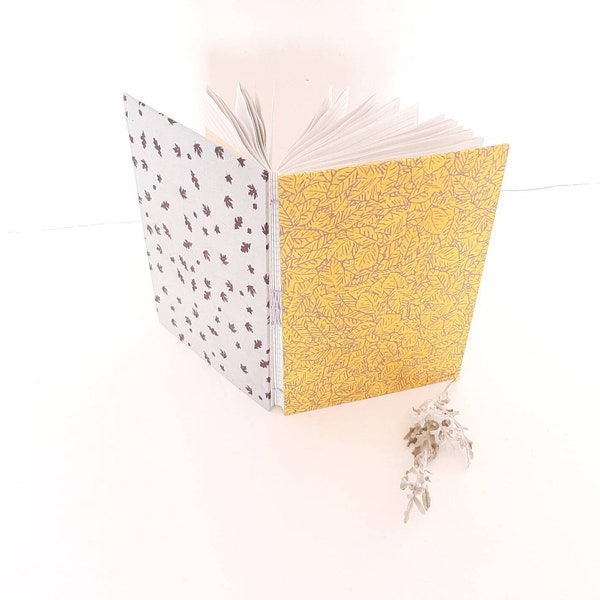 Hand-bound handcrafted notebook with blue and honey yellow leaves, A5 striped notebook in recycled paper, gratitude diary