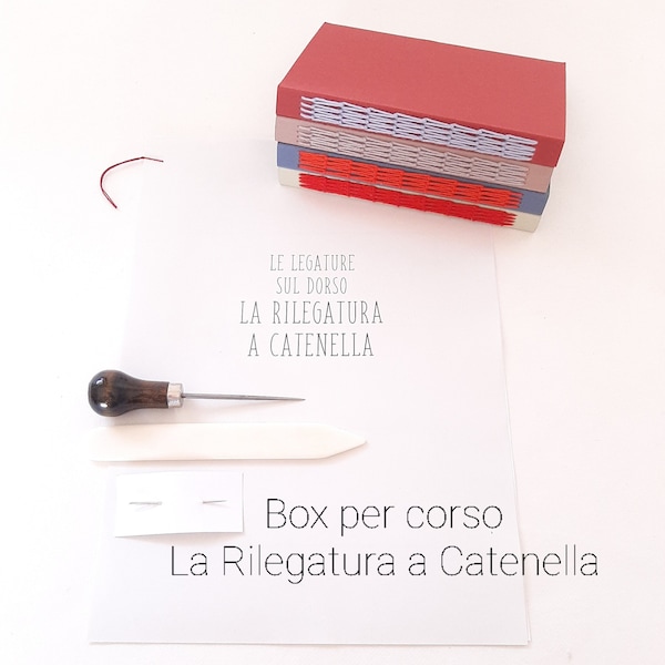 Box per corso online di Rilegatura su Dorso a Catenelle, kit di rilegatura artigianale con materiali e attrezzature, tutorial di rilegatura