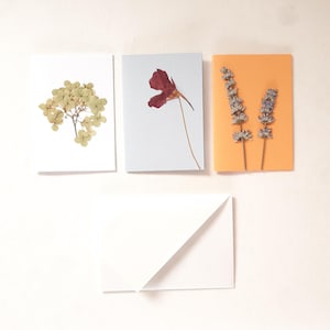 Biglietti di auguri botanici con fiori pressati e busta Origami ecologica, biglietti fatti a mano con fiori di erbario Ortensia e Lavanda