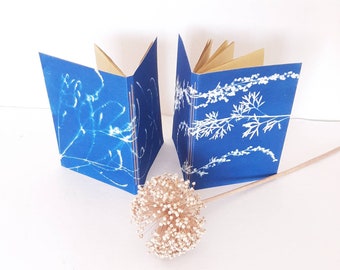 Recycled paper diaries with cyanotype botanical print, blue handmade notebooks and mustard with handmade binding, drawing notebooks