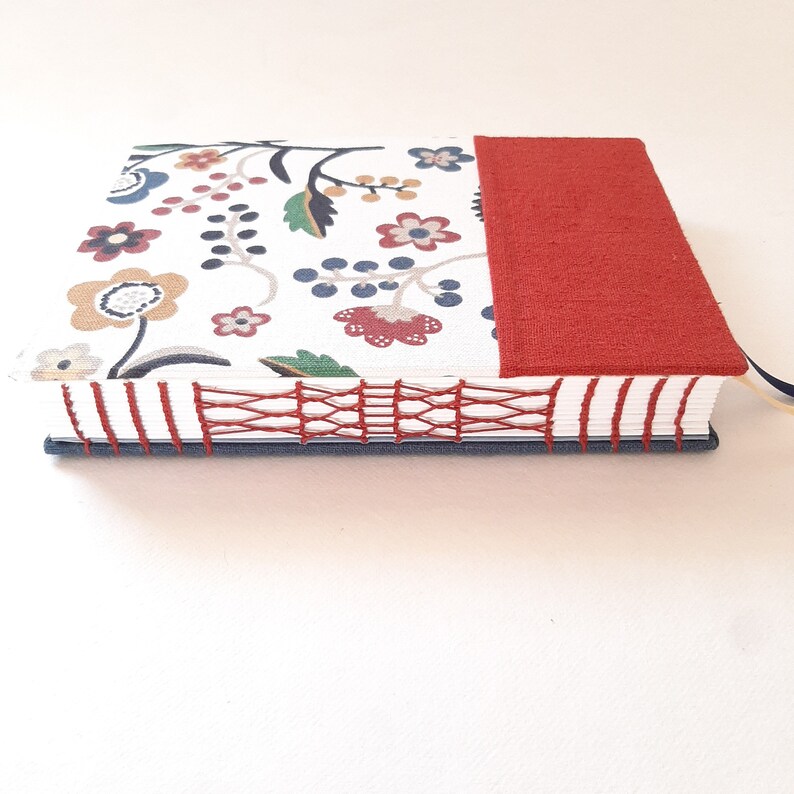 A5 Handmade Diary Covered in Rust and Blue Floral Fabric, 12 Month Hand
