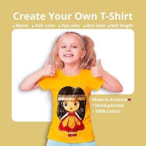 Interactive Kids T-Shirt – Armenian Doll Design | Custom Hair, Eyes & Name | Handmade Cotton