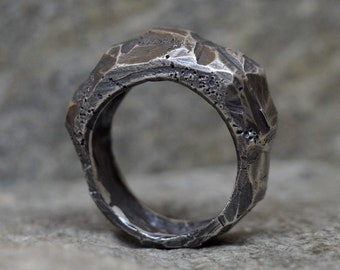 Sterling Silver Brutalist Ring: Unisex Rocky Textured Signet.