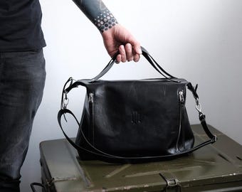 Bolso de hombro de piel negra: bolso tote minimalista con estructura y bolsillos con cremallera
