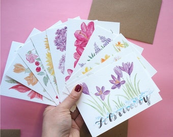 Monthly Flower Cards | Pack of 12  | Waldorf Cards | Monthly Seasonal Flower Cards | Flower Postcard Set w/ Brushlettering | Seasonal Table