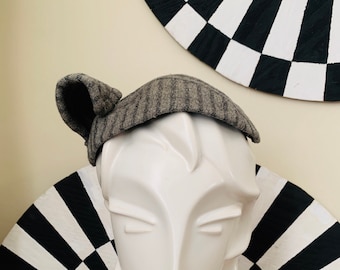 Vintage 1930s 1940s GRAY Tweed Striped Small Sculptural HAT