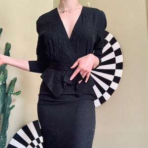 Sz Xs BLACK SILK Blouse & Pencil Skirt SET