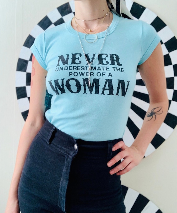 Sz Sm 1960s Feminist T-shirt Light Blue Baby Tee