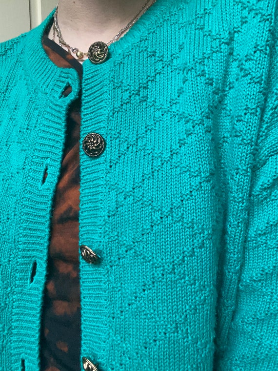 Sz Md Vintage TEAL Turquoise Knit CARDIGAN SWEATER - image 2