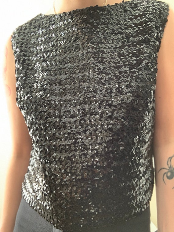 Sz Md 1960s BLACK Classic SEQUIN Tank Top EVENING… - image 3