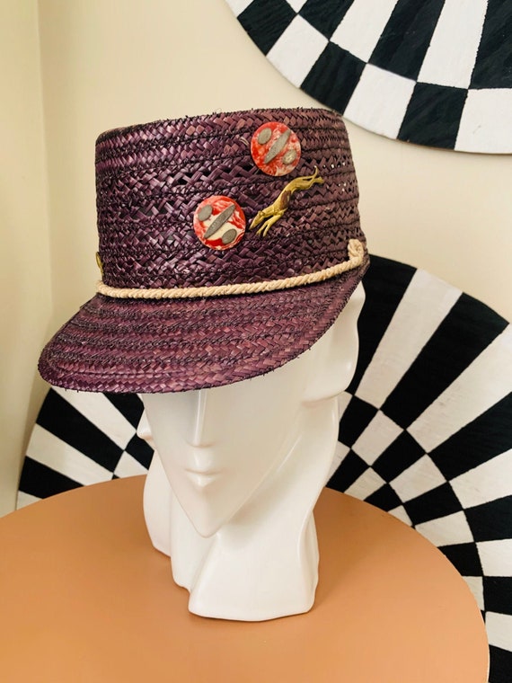 Vintage Italian PURPLE STRAW Hat with BRIM - image 1