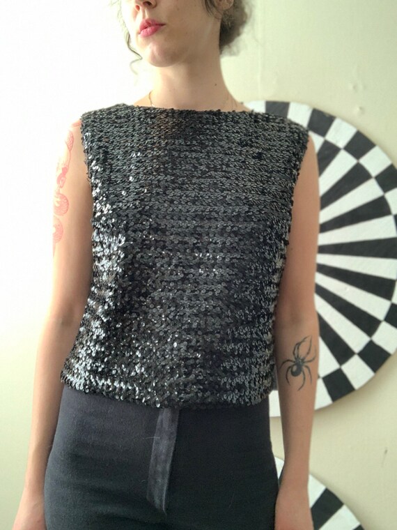 Sz Md 1960s BLACK Classic SEQUIN Tank Top EVENING… - image 2