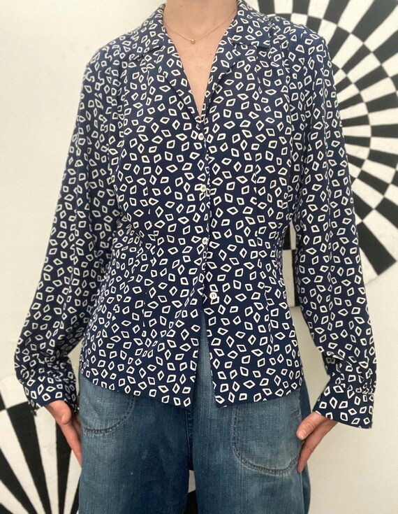 Sz Sm- NAVY Geometric PATTERN Button Up Casual BL… - image 4