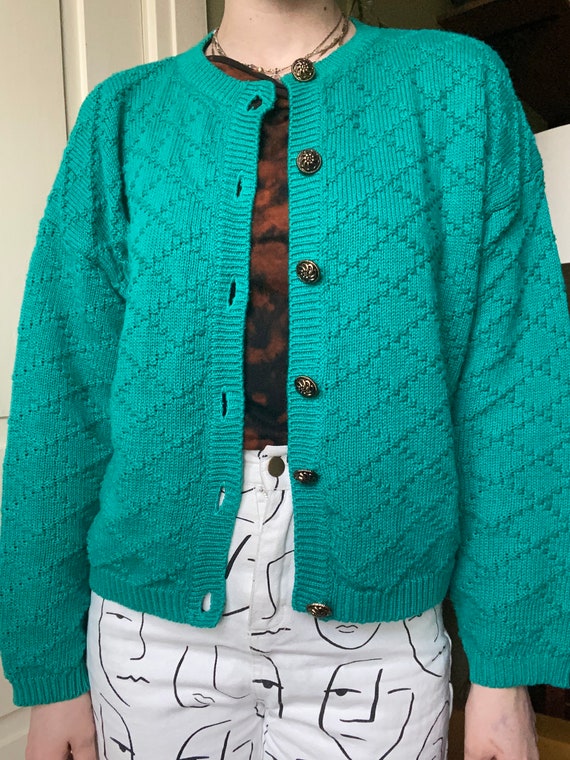 Sz Md Vintage TEAL Turquoise Knit CARDIGAN SWEATER - image 3