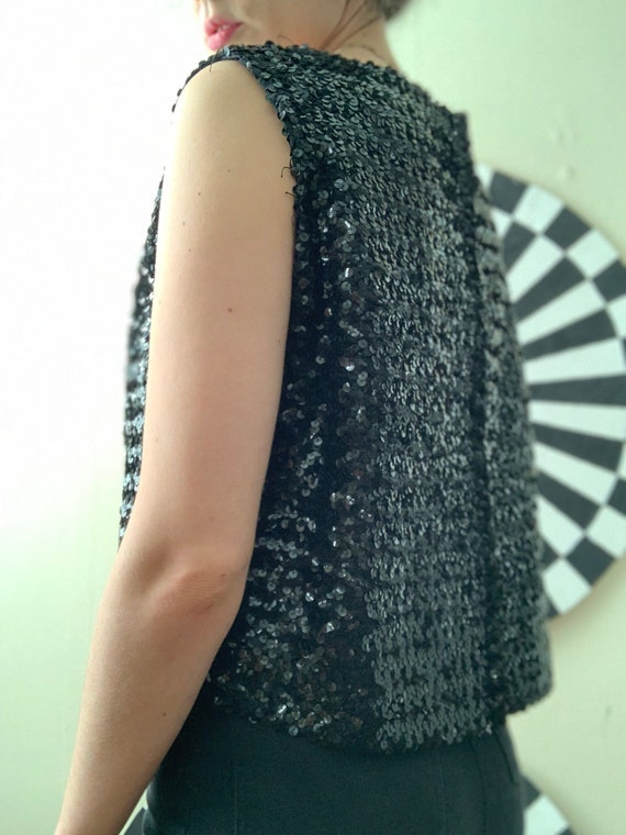 Sz Md 1960s BLACK Classic SEQUIN Tank Top EVENING… - image 4