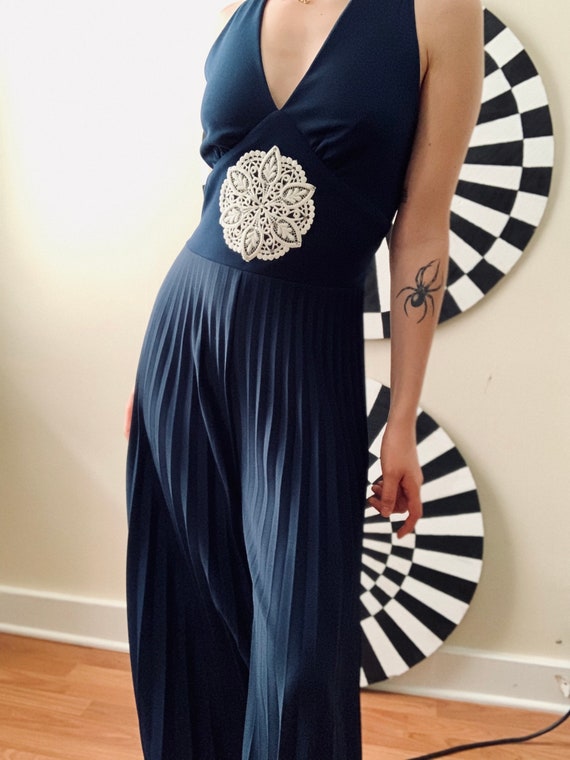 Sz Md 1970s Disco NAVY Blue Pleated JUMPSUIT