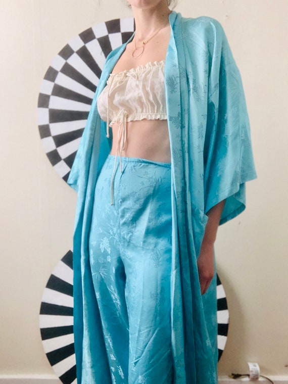 Sz Md Light Blue Silk Kimono & Pants Pajama Set
