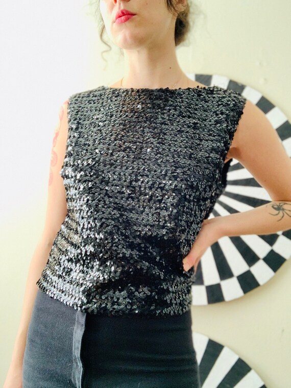 Sz Md 1960s BLACK Classic SEQUIN Tank Top EVENING… - image 1