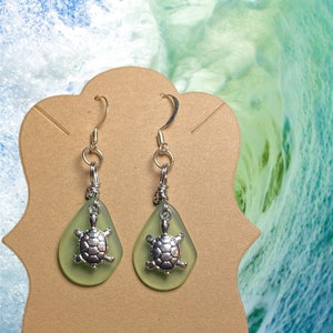 Turtle and Sea Glass Earrings, Turtle Earrings, Ocean Earrings, Sea Earrings, Sea Glass Earrings