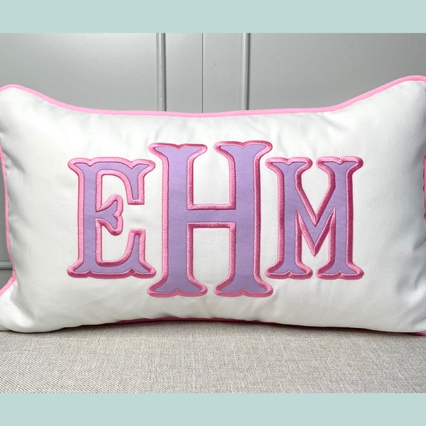 Embroidered, Applique Monogram Pillow, Dorm Pillow, 12x20 Lumbar, Nursery Pillow, INSERT INCLUDED