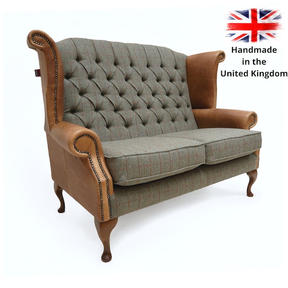 Chesterfield Queen Anne Wing Back 2 Seater Sofa in Bracken Green
