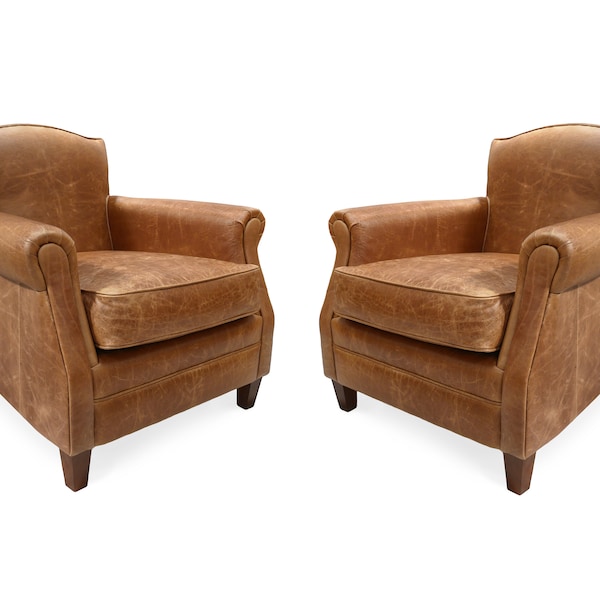 A Pair Of Vintage Leather Club Arm Chairs In Genuine Vintage Tan Leather 'The Burlingtons' Hand made in the UK