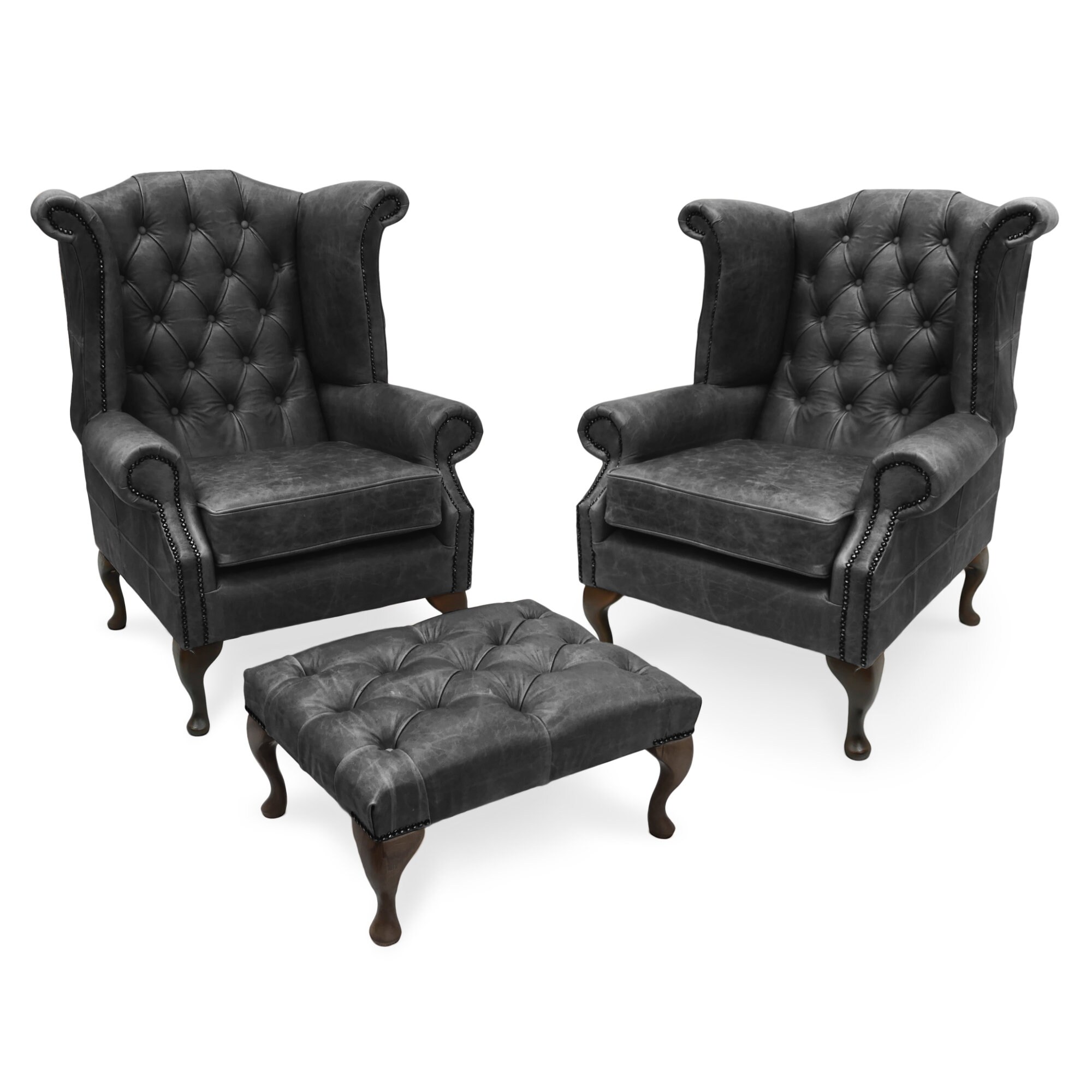 A Pair of Berkley Chesterfield High Back Wing Chairs With Matching Footstool in Vintage Black Leather Etsy