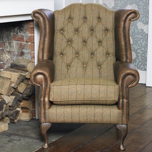 Chesterfield Queen Anne Wing Back Chair In Winter Wheat Harris Tweed & Vintage Brown Leather