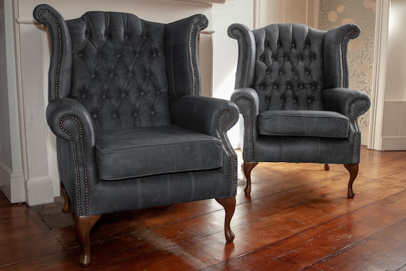 A Pair Of Chesterfield Queen Anne High, Grey Leather Queen Anne Chair
