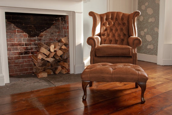 Chesterfield Queen Anne High Back Wing Chair Footstool In Chesterfield Queen Anne High Back Wing, High Back Chair And Footstool