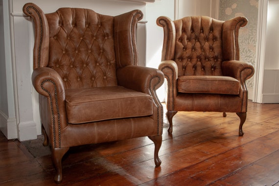 A Pair Of Chesterfield Queen Anne High, Leather High Back Wing Chair