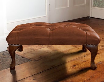 Chesterfield Queen Anne footstool Presented In Vintage Tan Leather.