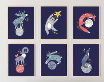 Nursery Animals Prints, Animals Set of 6, Galaxy Space Nursery Decor, Woodland Animal Print, Scandinavian, Scandi Kids Room Printable Art