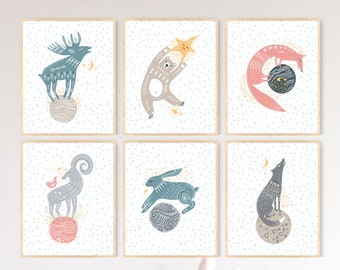 Nursery Animals Prints, Animals Set of 6, Galaxy Space Nursery Decor, Woodland Animal Print, Scandinavian, Scandi Kids Room Printable Art