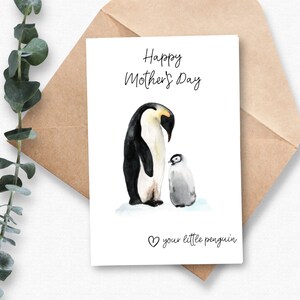 Cartão de Dia das Mães para impressão, Cartão de Feliz Dia das Mães, Cartão de Pinguim para Mãe e Bebê, Cartão para Mãe, Cartão de Mãe do Bebê, Aquarela, A4, Carta dos EUA