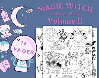 Printable Magic Witch Coloring Book 2, Digital Coloring Book, Adult Coloring Pages, Printable Coloring, PDF, Instant Download, Stress Relief