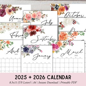 Calendario 2025 imprimible, calendario floral de acuarela 2025-2026, calendario mensual de 2 años, descarga instantánea, tamaño carta de EE. UU., 8,5 x 11, A4, PDF