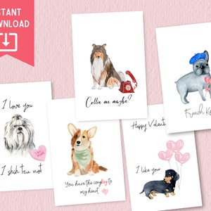 Lot de 5 cartes imprimables pour la Saint-Valentin avec chien | jeu de mots pour chien | Aquarelle chien Saint-Valentin | Téléchargement instantané | 4x6