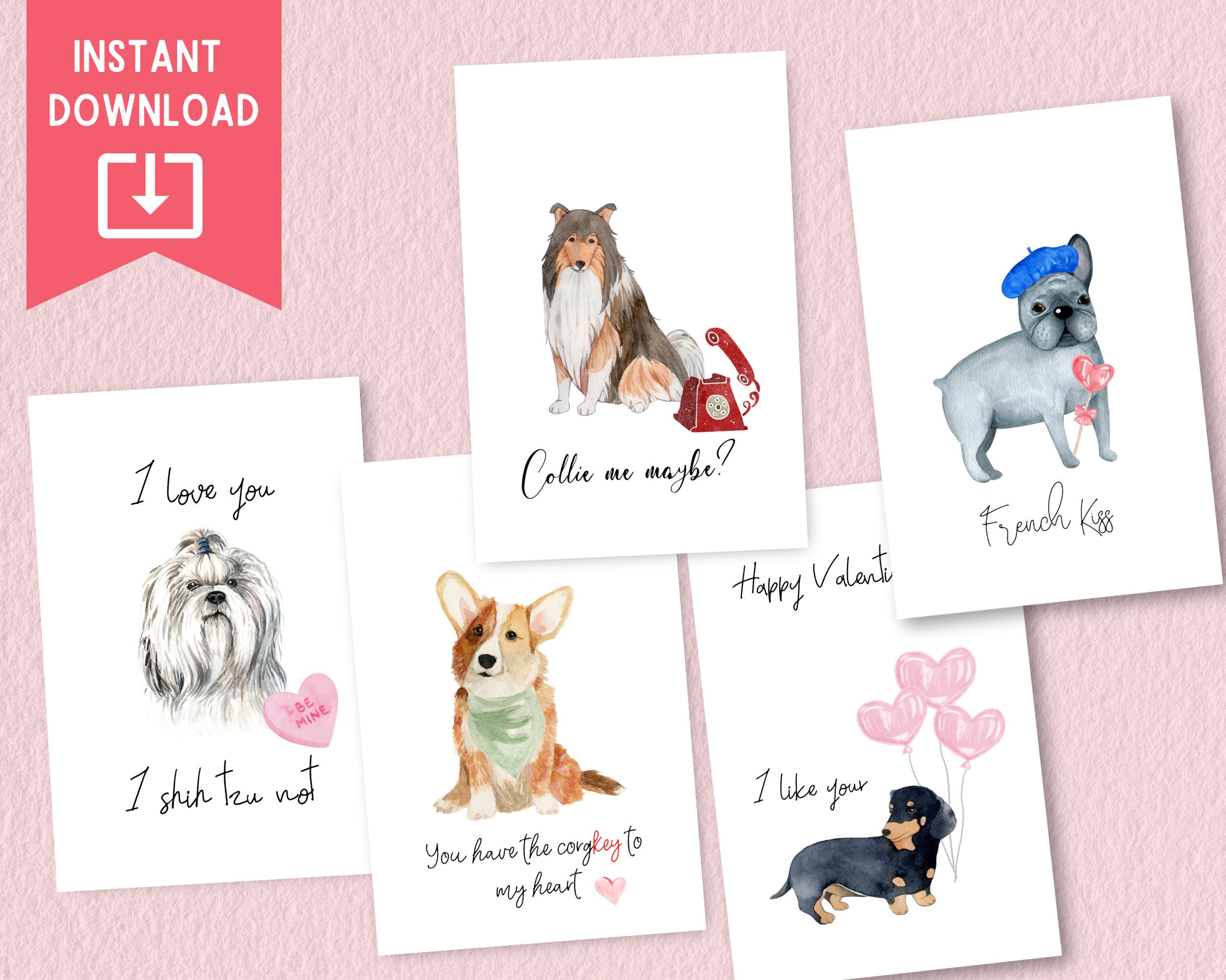 5 Pack Printable Dog Valentines Card Dog Pun Card Watercolor Dog Valentine Instant Download 4x6