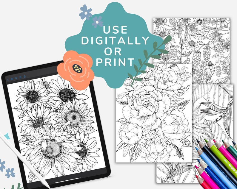 Printable Floral Coloring Book, Digital Coloring Book, Adult Coloring ...