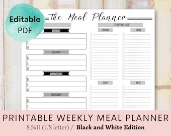 May include: Printable black and white weekly meal planner with a shopping list section for produce, grain, dairy, and meat. The planner is 8.5x11 inches and includes a space for each day of the week: Monday, Tuesday, Wednesday, and Thursday.