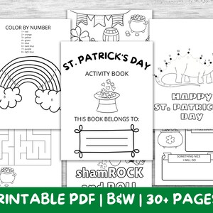 Op de afbeelding: Zwart-witte printbare St. Patrick's Day activiteitenboek met meer dan 30 pagina's. De omslag heeft een klavertje vier en de tekst "St. Patrick's Day Activity Book".