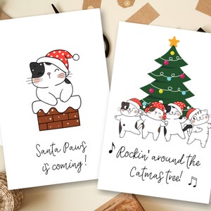 Lot de 4 cartes de vacances imprimables pour chat v. II | Cartes de Noël chat | Noël miaou | Rockin 'autour de l'arbre Catmas | Téléchargement instantané | 4x6