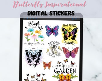Butterfly Motivational Digital Stickers, Positive Thinking, Precropped Digital Planner Stickers, Goodnotes Stickers, PNG