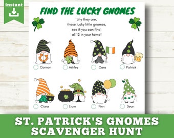 Printable St. Patrick's Day Scavenger Hunt for Kids, St. Patrick's Hide and Seek, Gnomes, St. Paddy's Day, St. Patrick's Day Party Games