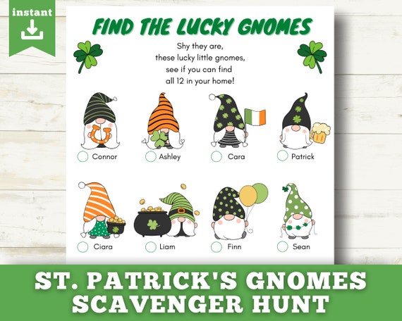 Printable St. Patrick's Day Scavenger Hunt for Kids, St. Patrick's Hide and Seek, Gnomes, St. Paddy's Day, St. Patrick's Day Party Games