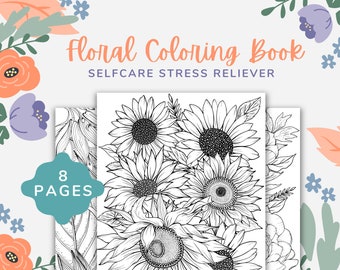 Printable Floral Coloring Book, Digital Coloring Book, Adult Coloring Pages, Printable Coloring, PDF, Instant Download, Stress Relief