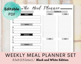 Meal Plan Template, Grocery List Printable, Pantry Checklist, Menu Plan Printable, Shopping List Printable, Editable PDF Bundle